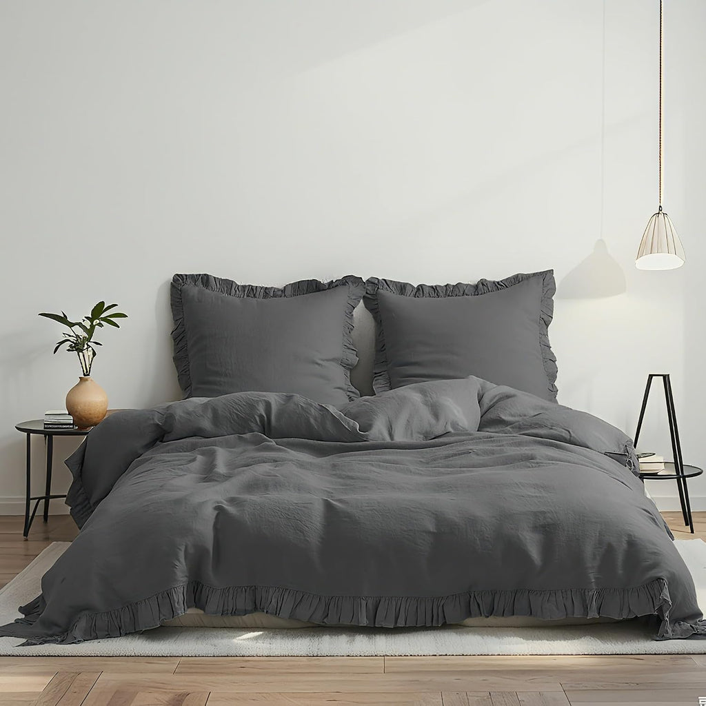 Simple&Opulence 100% Linen Duvet Cover Set, 3 PCS Natural French Flax Dark Grey Ruffle Duvet Cover Queen Size, Breathable Comfy Linen Bedding Comforter Cover with 2 Pillowcases (Dark Grey, 88' X 92')