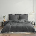 Simple&Opulence 100% Linen Duvet Cover Set, 3 PCS Natural French Flax Dark Grey Ruffle Duvet Cover Queen Size, Breathable Comfy Linen Bedding Comforter Cover with 2 Pillowcases (Dark Grey, 88' X 92')