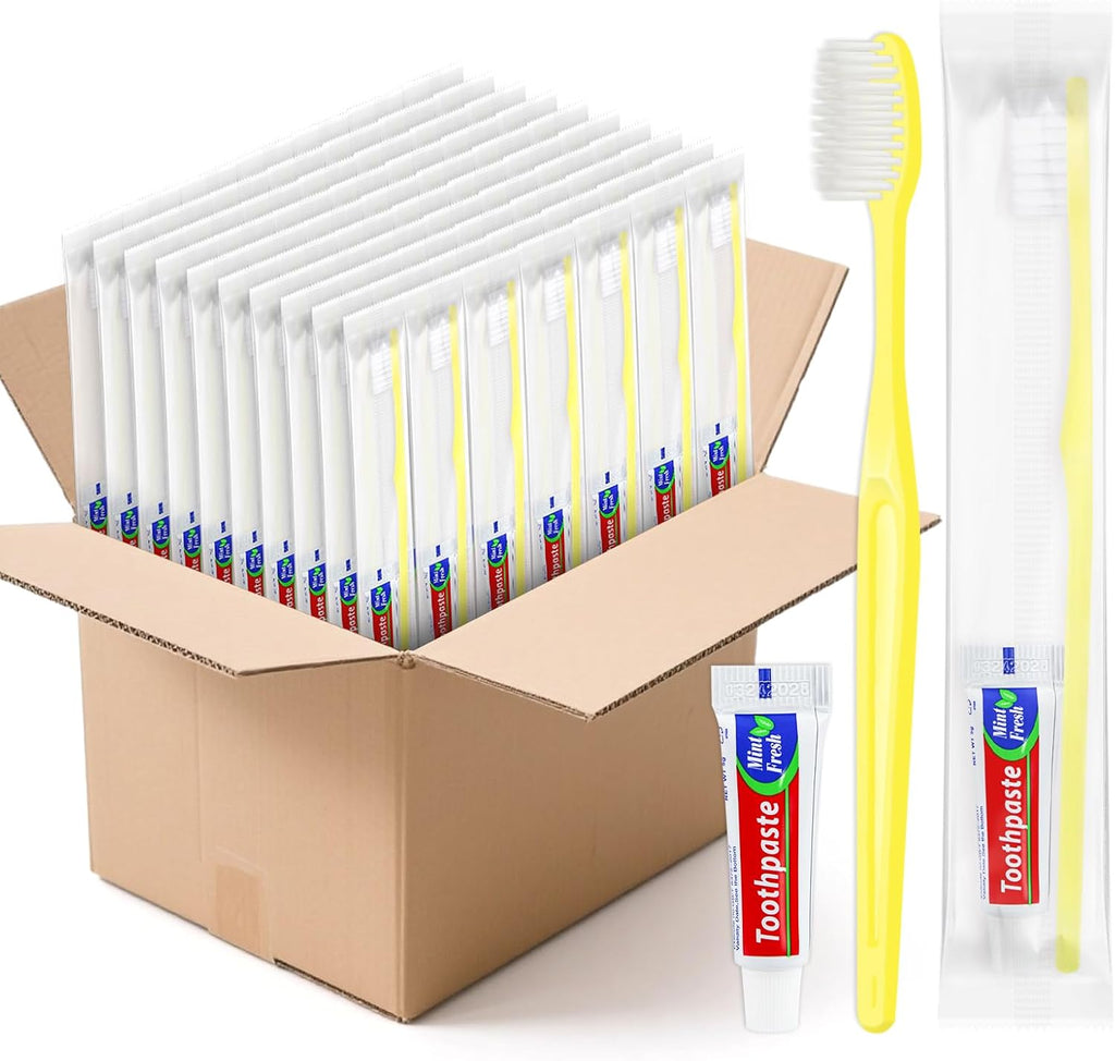 Yellow Disposable Toothbrushes with Toothpaste - Pack of 1000,Individually Wrapped Single Use Travel Toothbrushes Kit Bulk for Homeless,Guests,Hotel,Dentist