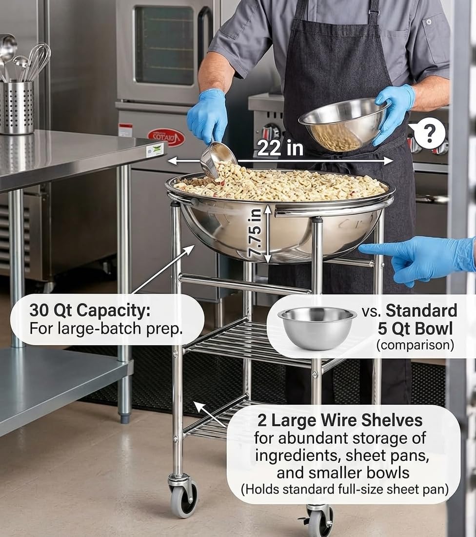 30 Qt. Stainless Steel Mixing Bowl with Rolling Stand – Commercial Prep Cart with Locking Casters & Storage Shelves – Heavy-Duty Rolling Mixing Station for Salads, Batters, Dough (Easy to Assemble)