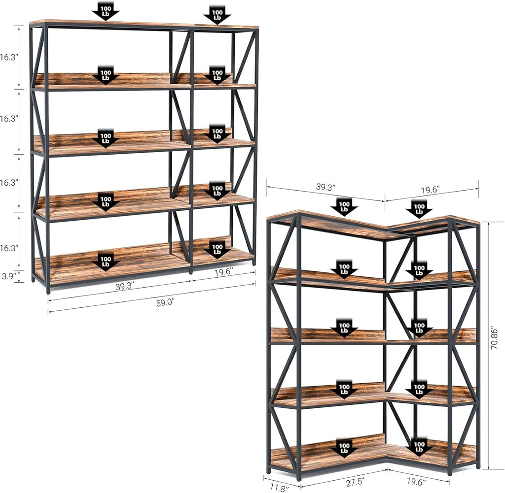 Corner Bookshelf with Light, Indoor Plant Bookcase with Grow Light L Shaped 5 Tier Tall Corner Shelf LED Display Shelves, Vintage Industrial Rotating Bookshelves Metal and Wood Book Shelf