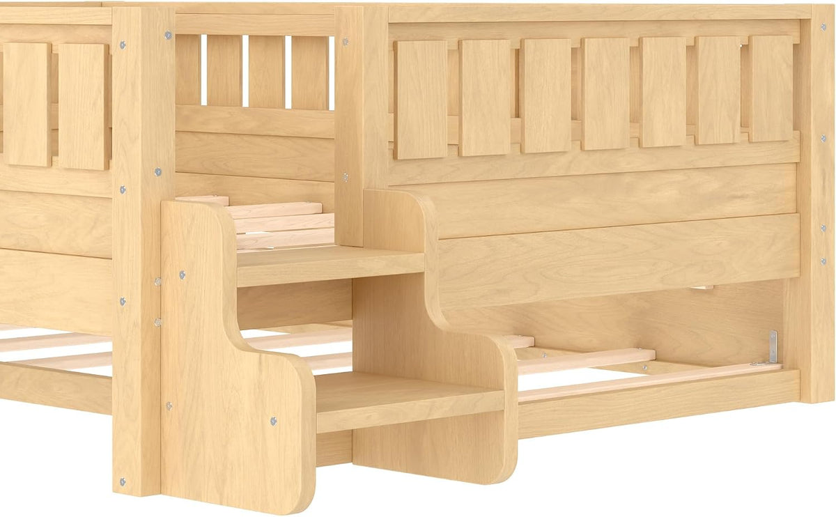 Bellemave Full Bed with Trundle and Stairs, Full Size Platform Bed Frame with Fence and Bookshelf, Easy Assemble Beds for Kids, Girls, Boys, Light Natural