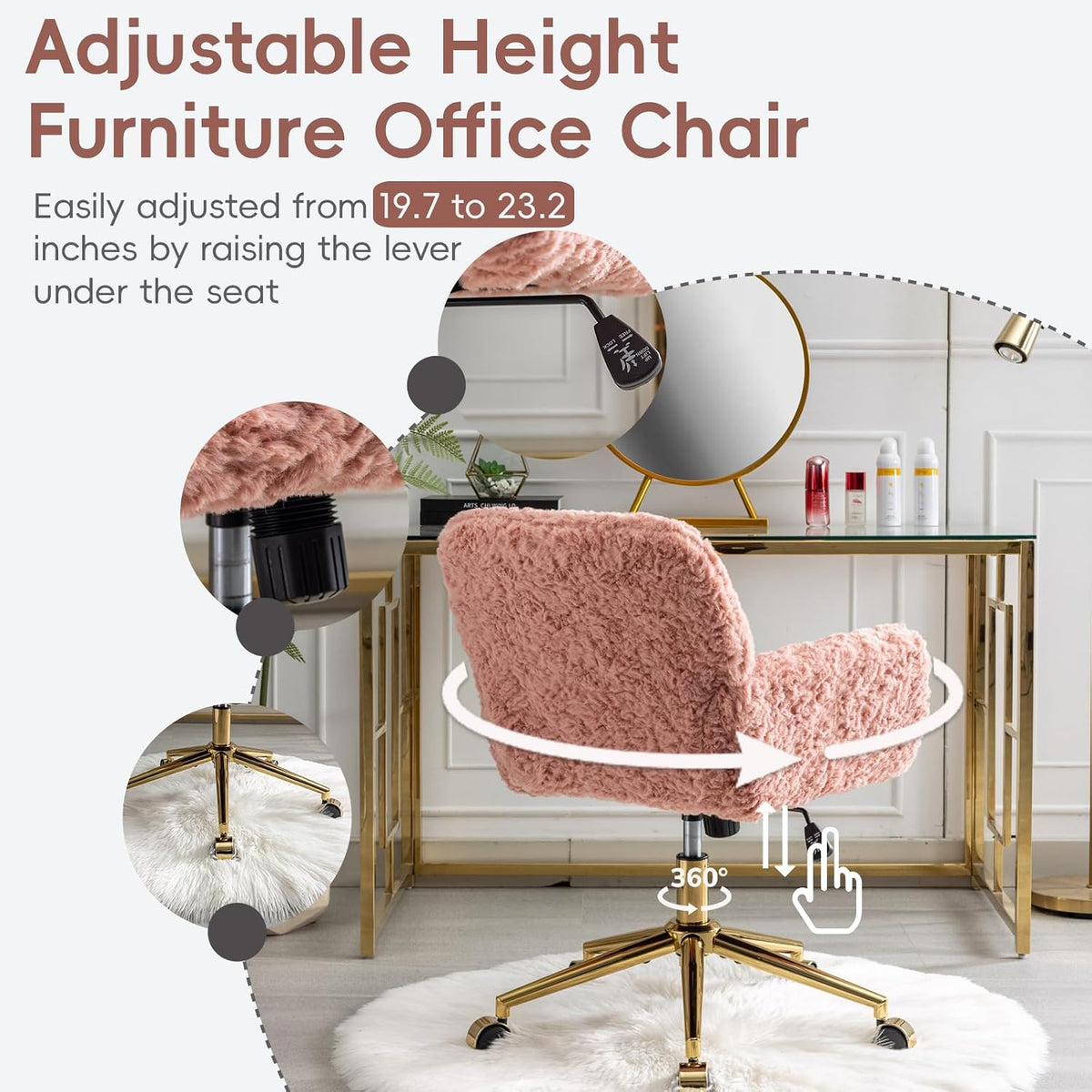 Plush Faux Fur Desk & Vanity Chair with Gold Base – Comfy Adjustable Girls Desk Chair, Makeup Chair, 360° Swivel, Tilt Backrest, Rolling Wheels – Modern Chic Home Office Seating,Pink
