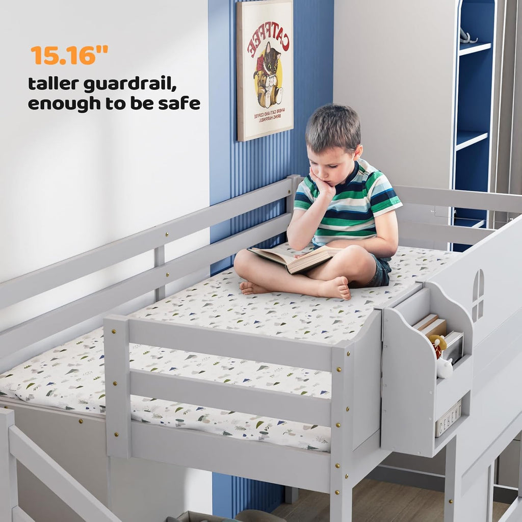 JOYMOR Low Loft Bed with LED Lights, Twin Loft Bed with Stairs, Safety Guardrail, Curtain, Wooden Bed Frame for Kids with Storage Staircase and Under-Bed Play Space,Smoky Gray