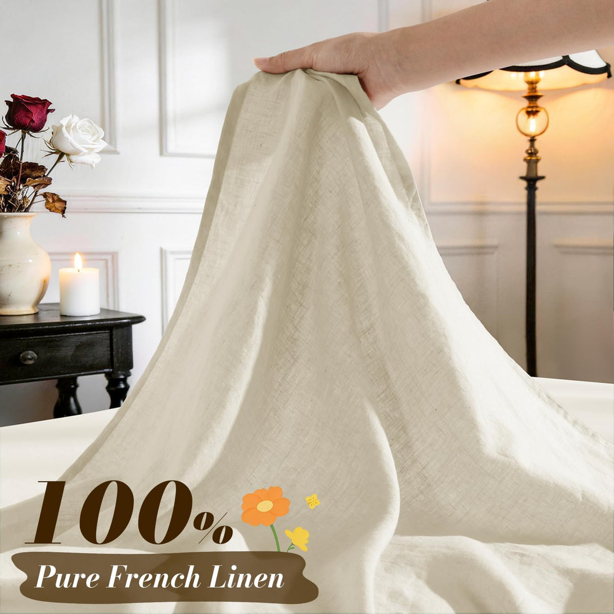SONORO KATE 100% French Pure Linen Sheets, Breathable and Durable Linen King Size Sheets, Anti-Tear Linen Bed Sheets, Machine Washable, 16 Inch Deep Pocket - 4 Piece (Cream, King)