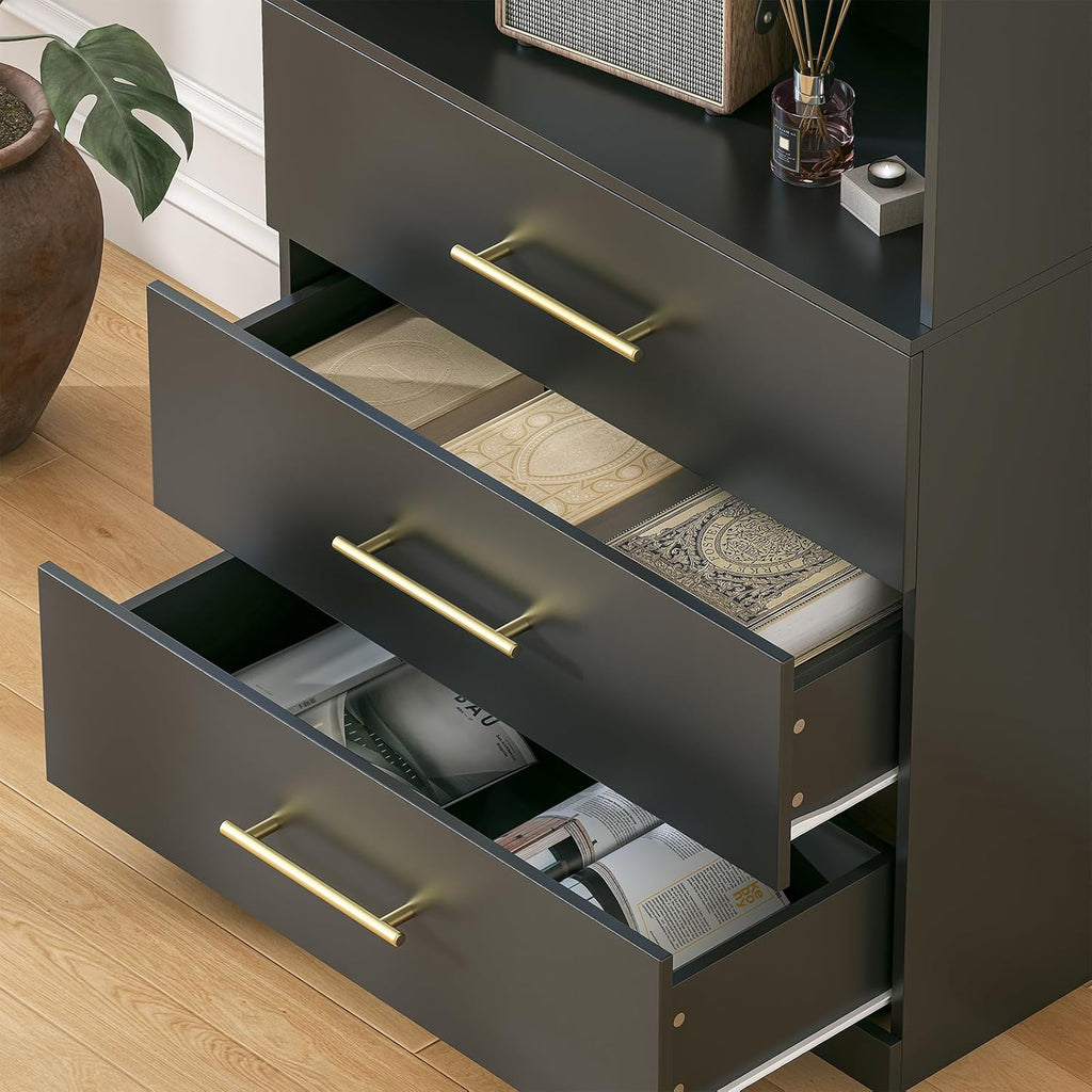 Winkalon 71' Tall Black Bookshelf with Drawers, Bookcase and Bookshelf with 3-Tier Open Shelves, Tall Bookcase Tall Storage Cabinet for Home Office Living Room, 13.8' D x 31.5' W x 71' H