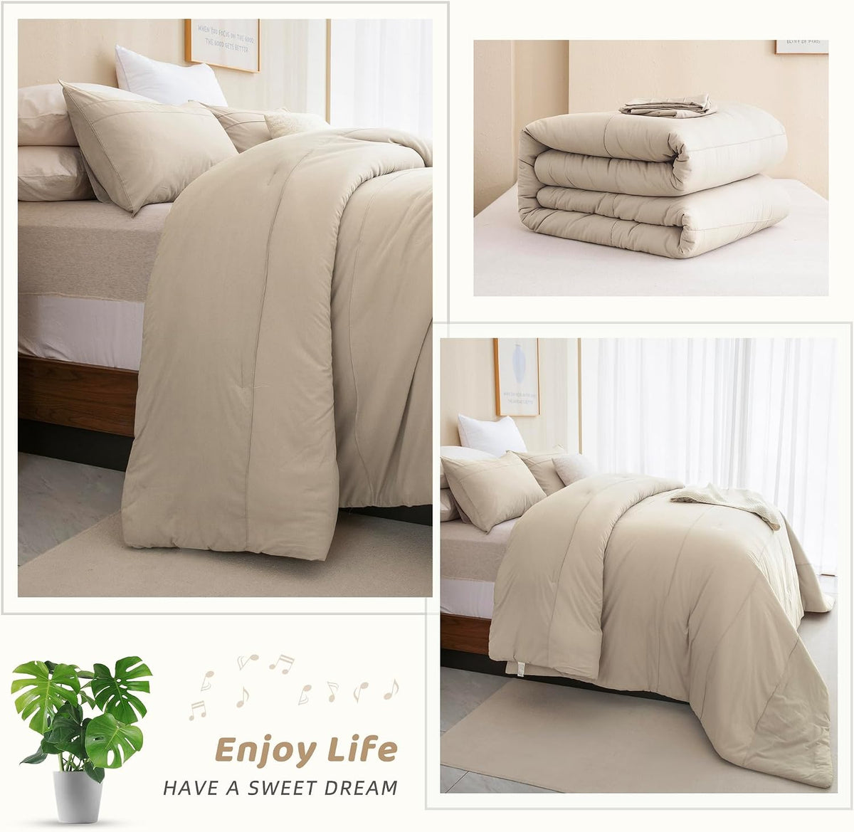 Sanracie Oversized King Comforter 128 * 120, Cotton Comforter King Size Extra Large Pinch Pleat Stripe Pattern,Solid Color Wheat Bedding Comforter Set Linen Feel Textured 3pcs Soft Neutral Bedding