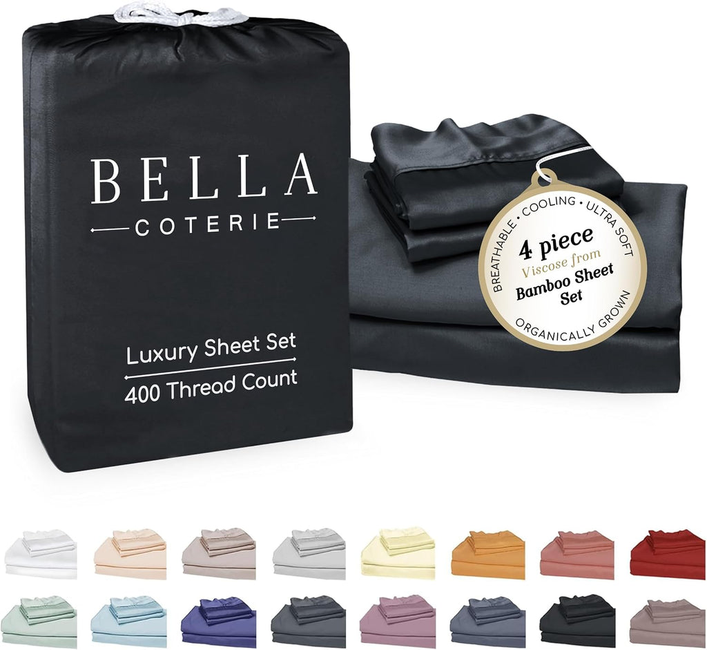 Bella Coterie Luxury Bamboo Viscose King Size Sheet Set | 100% Organically Grown | Ultra Soft | Cooling for Hot Sleepers | 18' Deep Pocket [Black]
