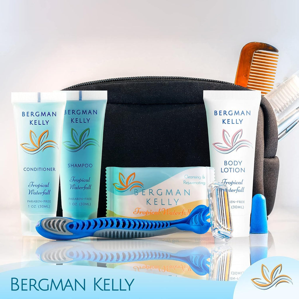 Bergman Kelly - Hotel Toiletries Bundle - Tropical Waterfall, 1 oz each, 18800 pcs - 4-Piece Set: Rectangular Bar Soap, Shampoo, Conditioner & Body Lotion (4700 each) - Bulk Mini Guest Amenities