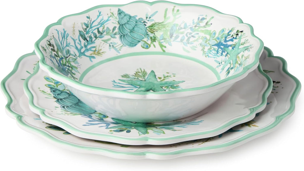 Sea Glass 12 Pc. MELAMINE DINNERWARE SET, SERVICEfor 4, coastal mix‑and‑match plates and bowls with ocean motifs, ideal for indoor outdoor dining, beach homes, patios, poolside meals