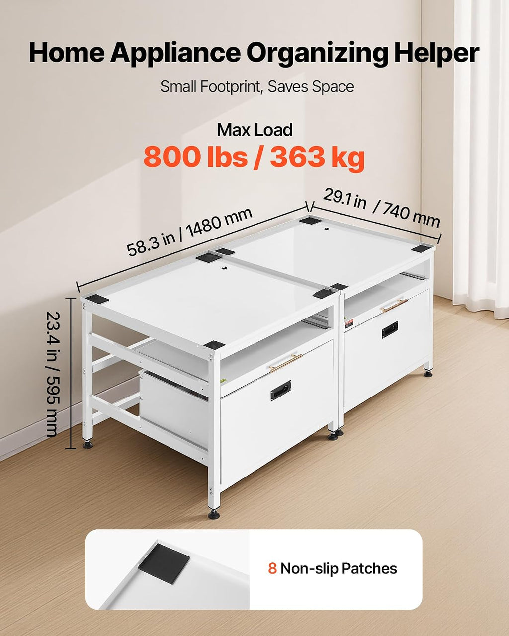 VEVOR Laundry Pedestal, 22.6 in Height, 29 x 29 in Washer and Dryer Pedestals with Pull-out Tray and Storage Space, 800 lbs Load Capacity, Non-Slip Feet Washing Machine Stand Universal, White, 2 Pack