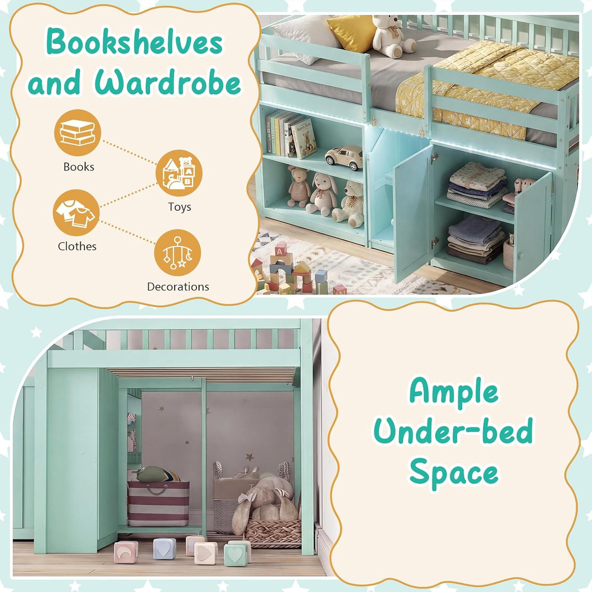 Giantex Low Loft Bed Twin Size with LED Lights, Wooden Bed Frame w/Stairs, Safety Guardrails, Storage Cabinet, Bookshelf & Under-Bed Play Space, Modern Kids Loft Bed for Boys Girls (Mint Green)