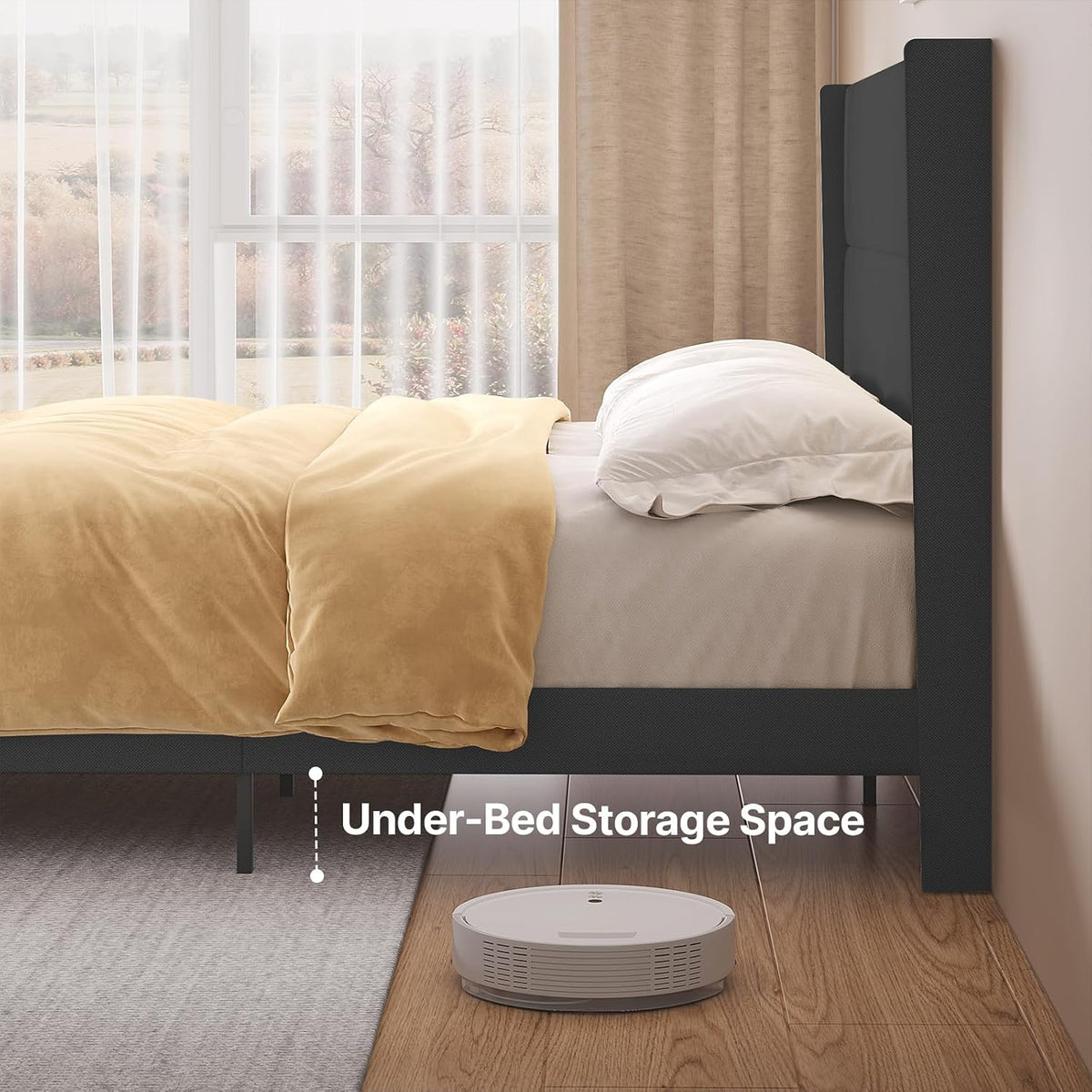 Gizoon King Bed Frame with Wingback Headboard, Upholstered Platform Bed with Modern Geometric Headboard, Wooden Slats, Noise-Free, No Box Spring Needed