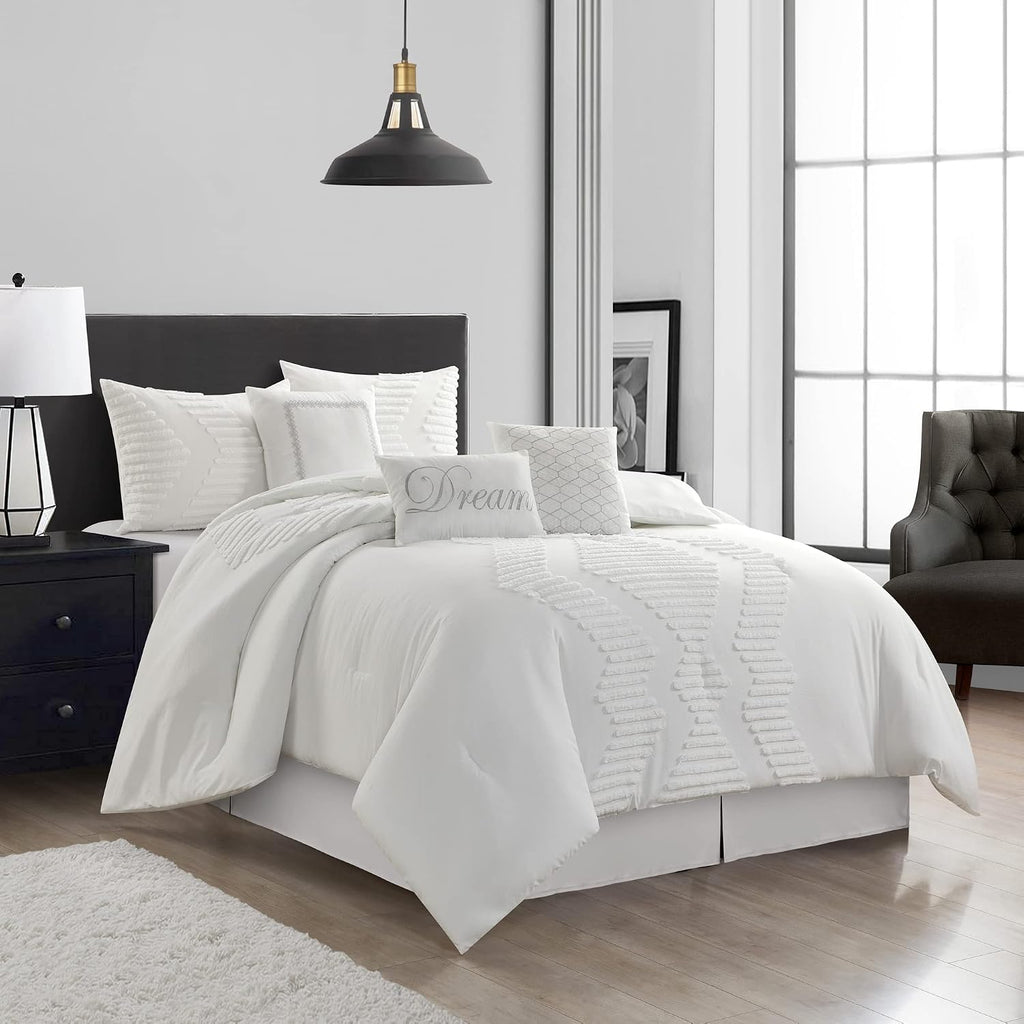 Grand Avenue Tufted Embroidery Comforter Set Queen Size, 7 Piece White Fashion Bedding Set, Ultra-Soft, Pillows & Shams, All Season, Home Decor