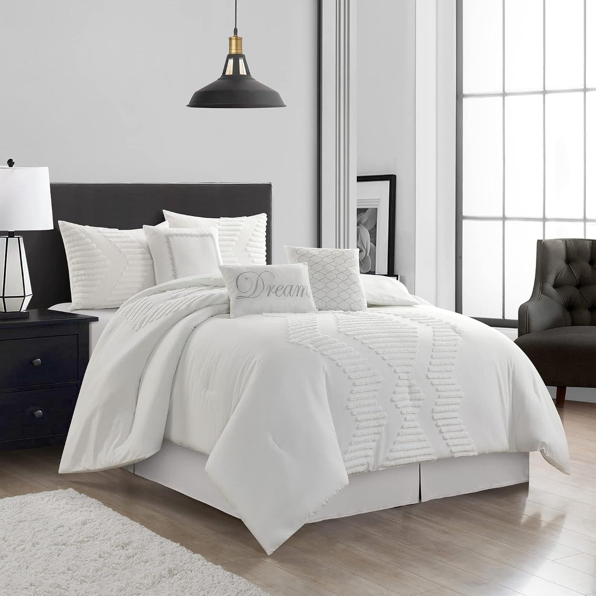 Grand Avenue Tufted Embroidery Comforter Set Queen Size, 7 Piece White Fashion Bedding Set, Ultra-Soft, Pillows & Shams, All Season, Home Decor