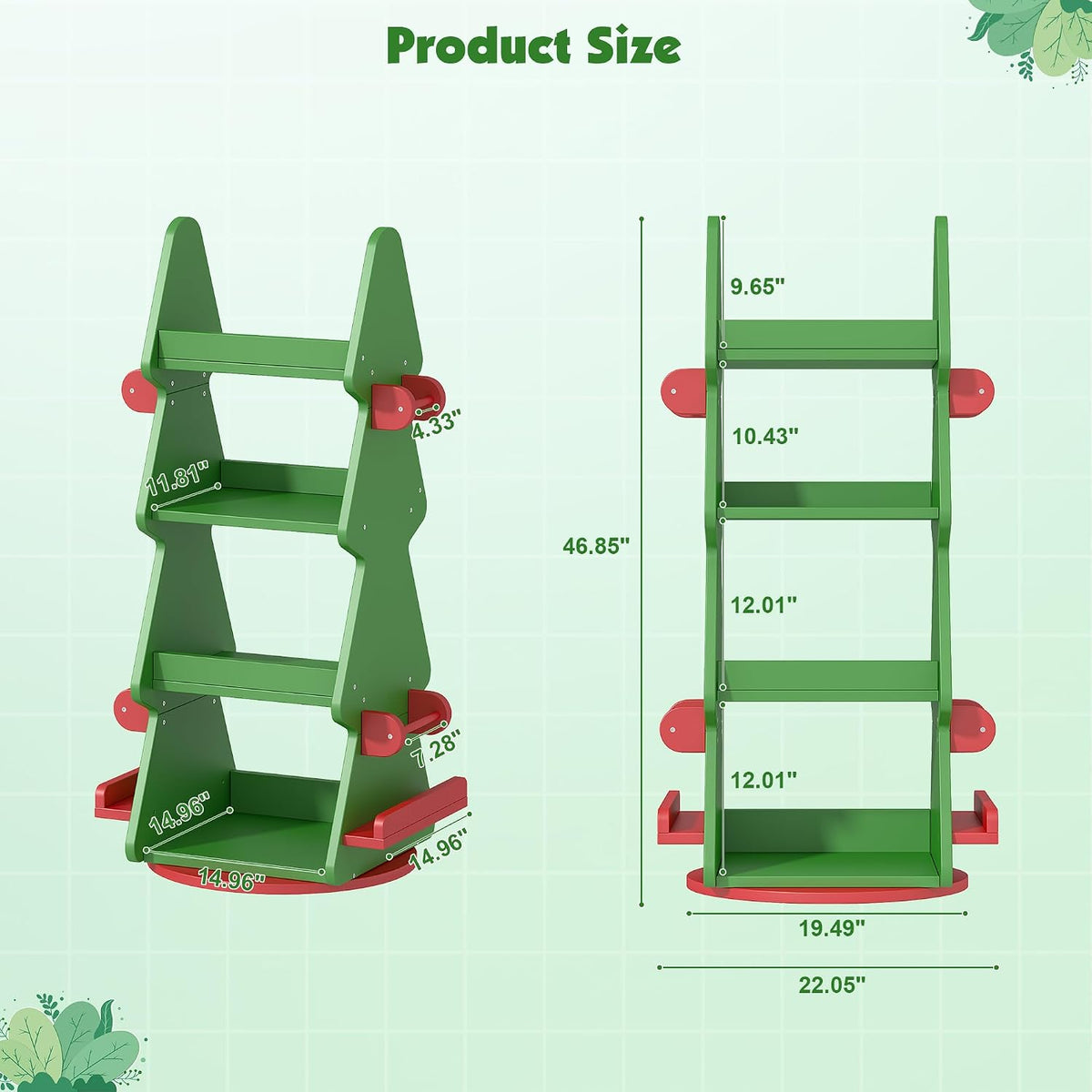 HedoAjim 4-Tier 360° Rotating Kids Bookshelf, Wooden Christmas Tree Bookcase Toy Storage Organizer for Boys & Girls, Nursery, Playroom, Bedroom