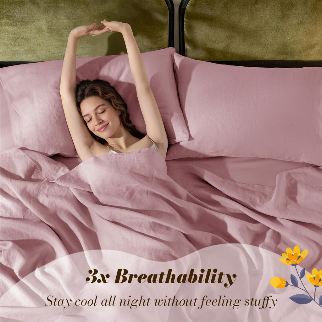 SONORO KATE 100% French Pure Linen Sheets, Breathable and Durable Linen King Size Sheets, Anti-Tear Linen Bed Sheets, Machine Washable, 16 Inch Deep Pocket - 4 Piece (Embroidery Purple, King)