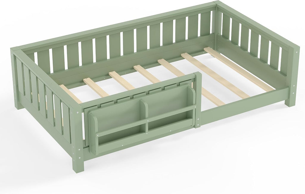Bellemave Twin Floor Bed with Rails and Slats, Twin Size Montessori Floor Bed with Bookshelf and Fence, Easy Assemble Montessori Beds Frame for Girls, Boys, Avocado Green