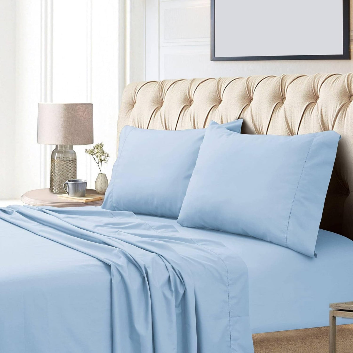 Tribeca Living 100% Egyptian Cotton Sheets 800 Thread Count - Extra Deep Pocket Fitted Sheet Fits Mattresses up to 24 Inches - Silky Sateen 4-Piece Set - Queen, Blue