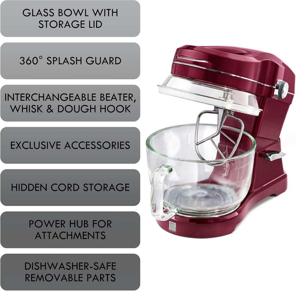Kenmore 500W Oviation Stand Mixer - 10 Speed Mixing, Tilt-Head, 5QT Handheld Glass Bowl With Pouring Top Splash Guard, Flat Beater, Whisk, Dough Hook Attachments Countertop Kitchen Appliance, Red