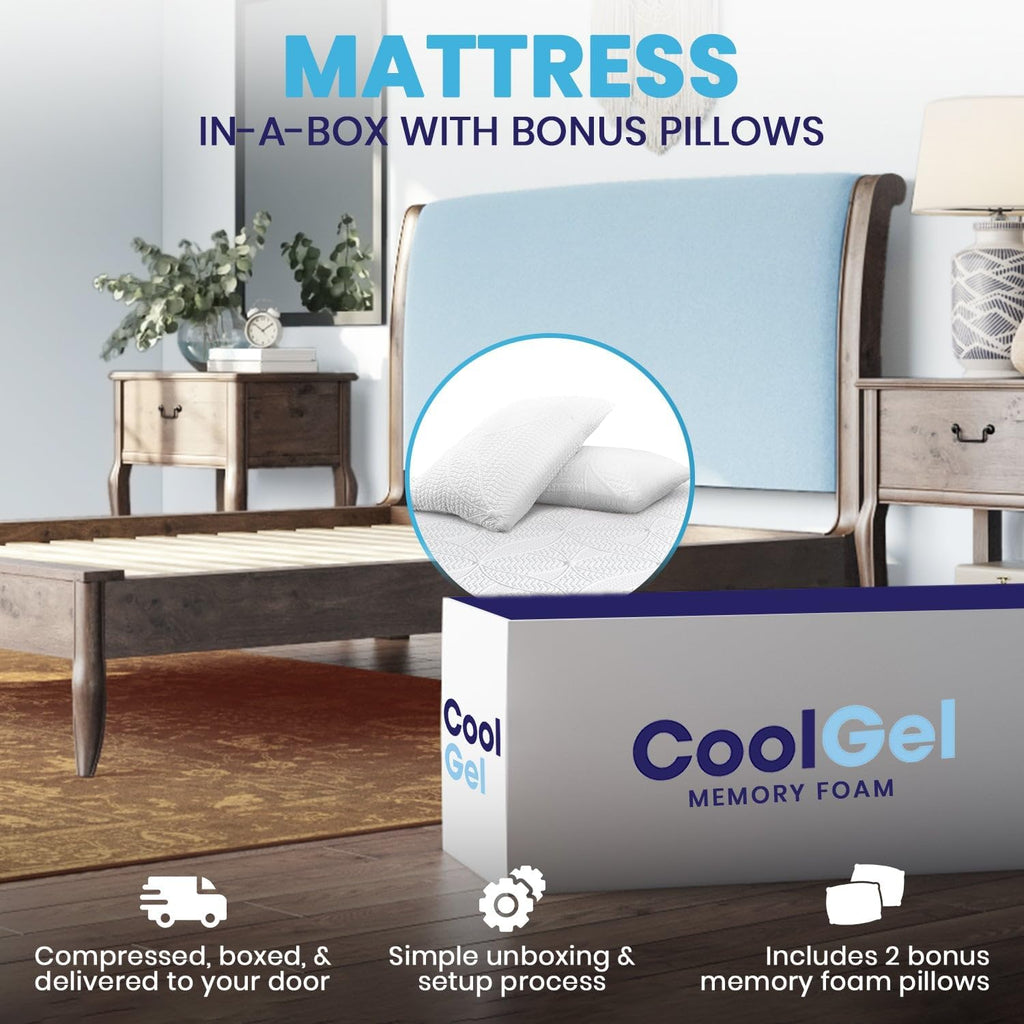 COOL GEL Chill Memory Foam 14-Inch Mattress with Pillow, CertiPUR-US Certified, Mattress in a Box, Full, White