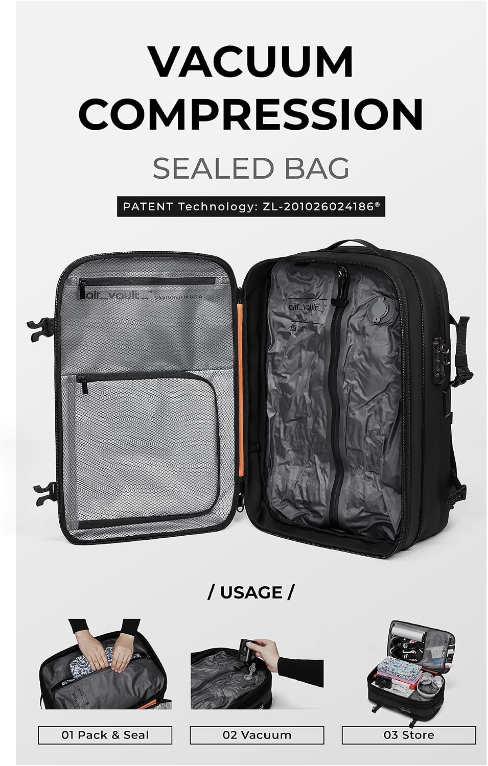 AirVault Vacuum Seal Travel Backpack 60L with Expandable HyperSeal Air Compression Vacuum System Water Resistant TSA Lock (Vacuum Pump Included, Gray, 60L)