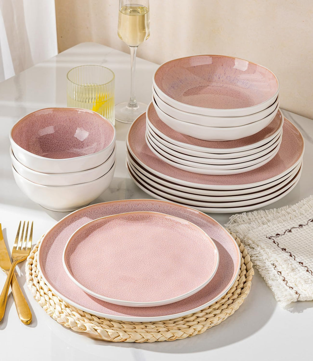 GBHOME Stoneware Dinnerware Sets for 6, 24 Pieces Rustic Ceramic Plates and Bowls Set, Handmade Reactive Glaze Plate Sets, Highly Chip Resistant Dishes, Microwave & Dishwasher Safe, Pink