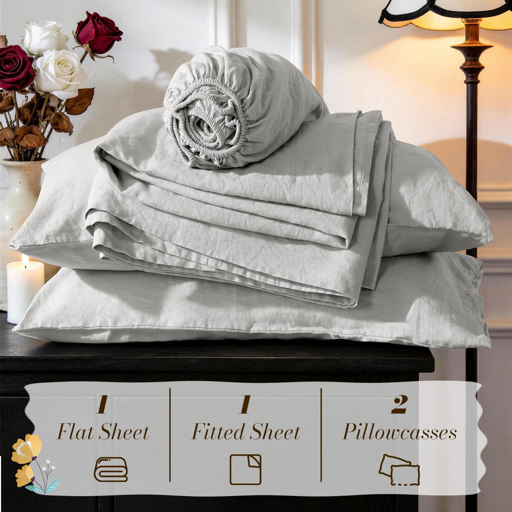 SONORO KATE 100% French Pure Linen Sheets, Breathable and Durable Linen King Size Sheets, Anti-Tear Linen Bed Sheets, Machine Washable, 16 Inch Deep Pocket - 4 Piece (Grey, King)