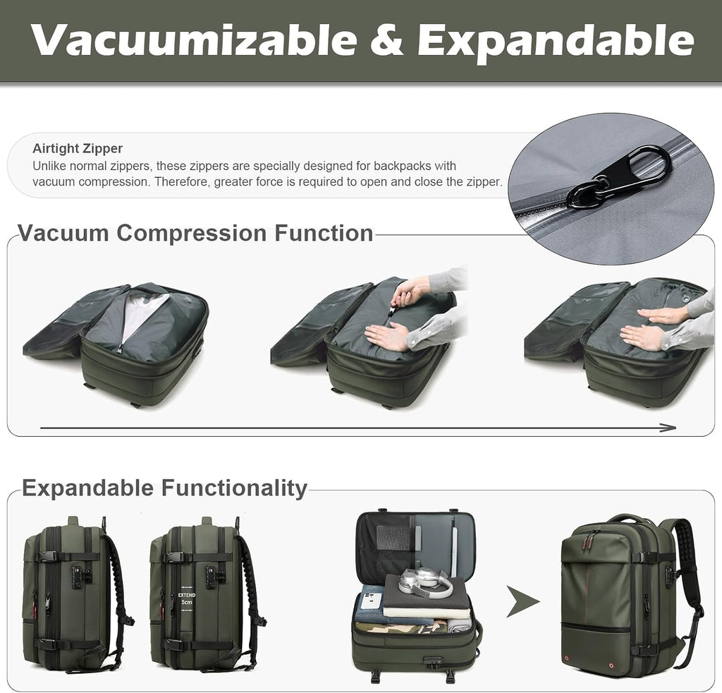 Somago Vacuumable Backpack Expandable Water-resistant Travel Bag with Air Pump Multifunctional Rucksack Backpack with TSA Lock Anti-thief Pocket Fit for 17 Inch Laptop