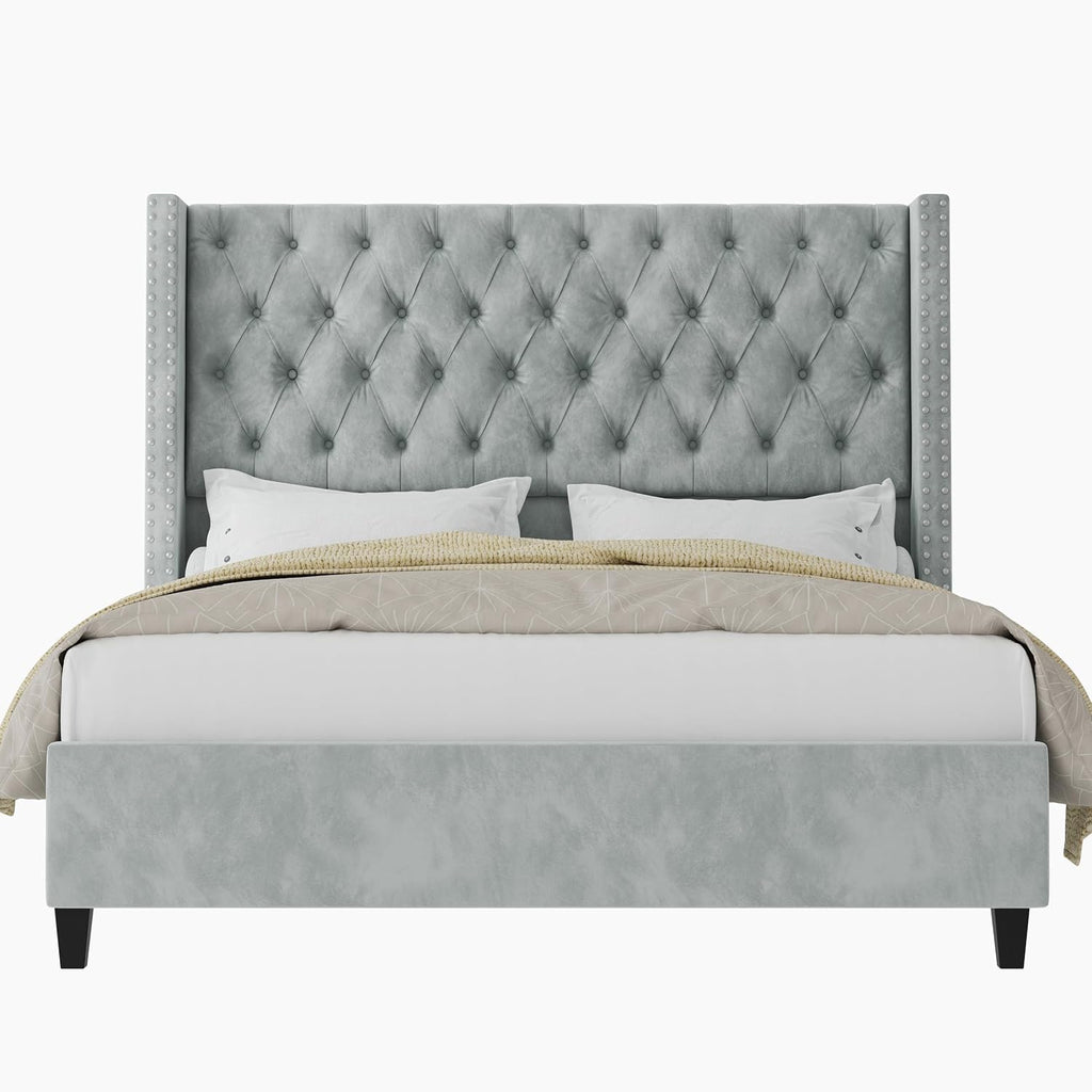 Jocisland Queen Size Bed Frame with 51.6' Wingback Tufted Velvet Headboard, Modern Upholstered Platform Bed, No Box Spring Needed, Easy Assembly, Light Grey