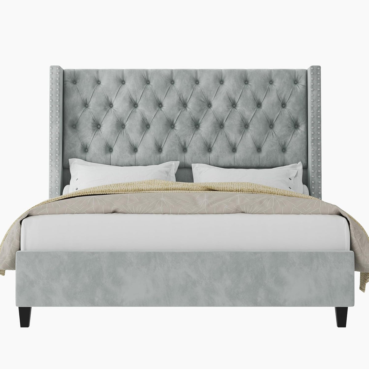 Jocisland Queen Size Bed Frame with 51.6' Wingback Tufted Velvet Headboard, Modern Upholstered Platform Bed, No Box Spring Needed, Easy Assembly, Light Grey