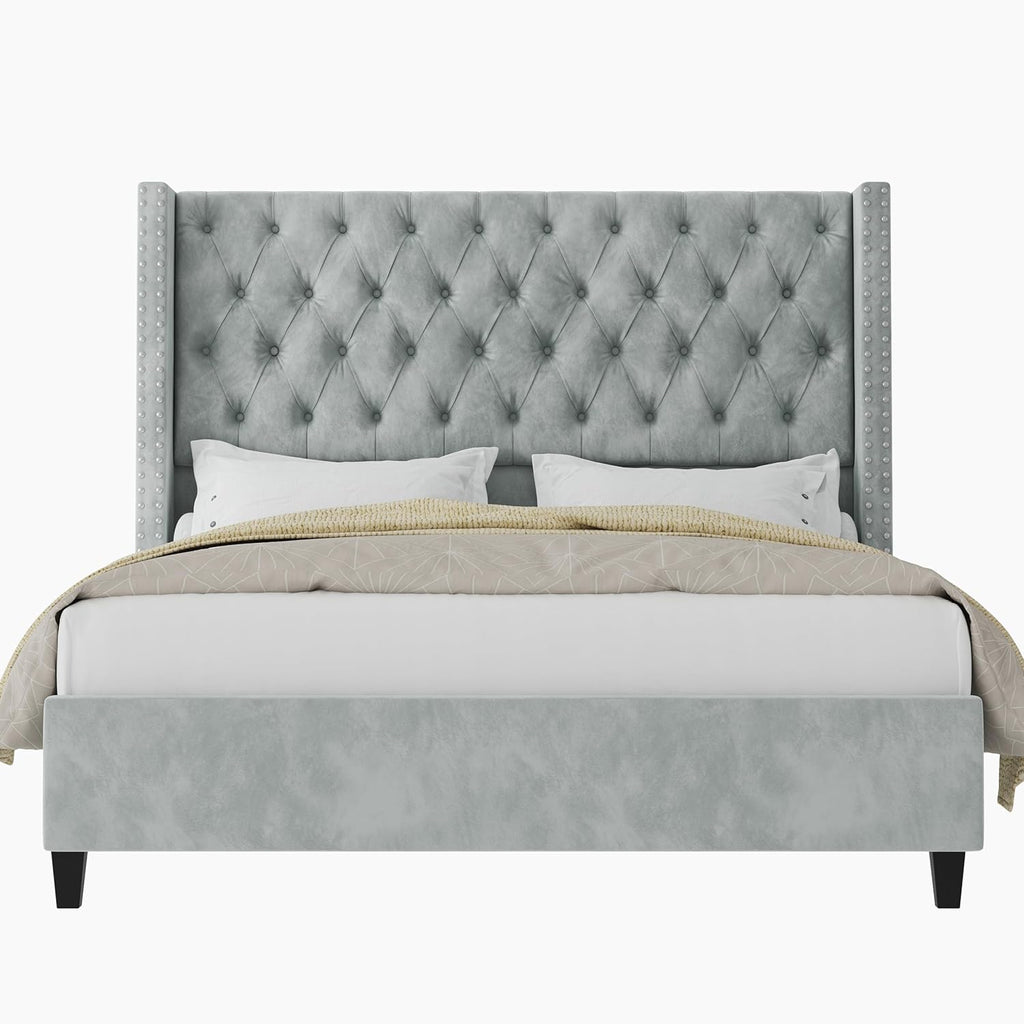 Jocisland King Size Bed Frame with 51.6' Wingback Tufted Velvet Headboard, Modern Upholstered Platform Bed, No Box Spring Needed, Easy Assembly, Light Grey