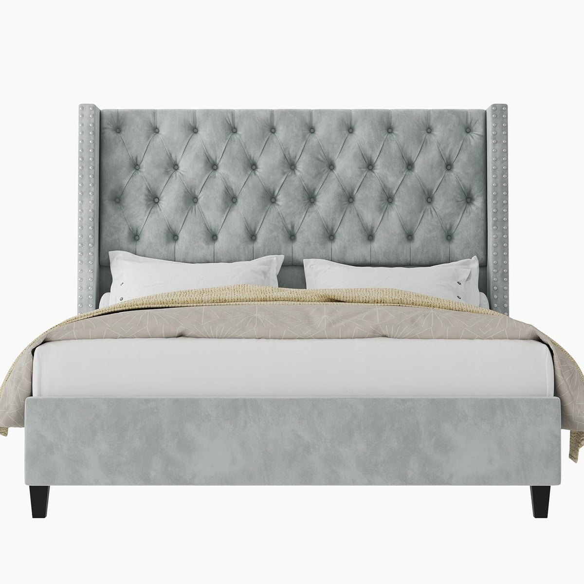 Jocisland King Size Bed Frame with 51.6' Wingback Tufted Velvet Headboard, Modern Upholstered Platform Bed, No Box Spring Needed, Easy Assembly, Light Grey