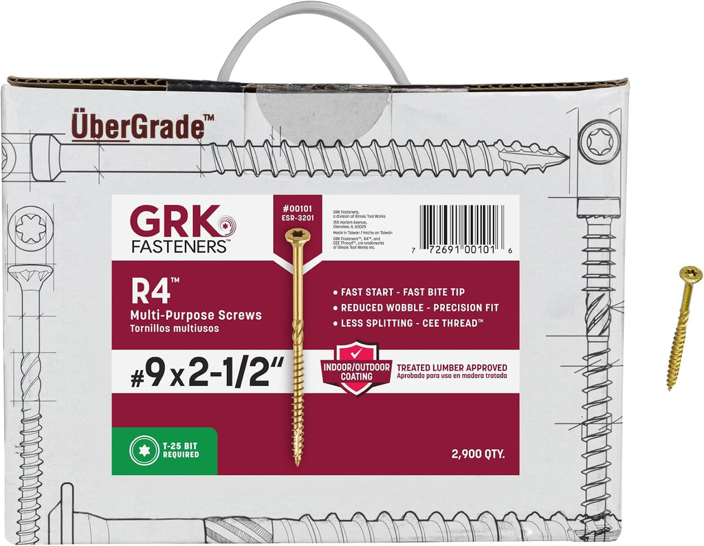 GRK Fasteners R4#9 x 2-1/2 Inch, Multi-Purpose Framing Screws, 2900 PCS, Rust Resistant Climatek Coating, Outdoor Fencing and Deck Screws, Fast Bite Tip, Star Drive Recess, Gold