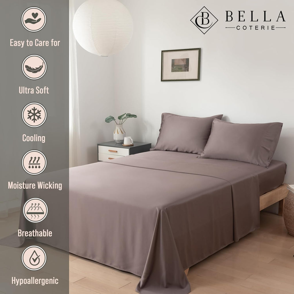 Bella Coterie Luxury Bamboo Viscose King Size Sheet Set | 100% Organically Grown | Ultra Soft | Cooling for Hot Sleepers | 18' Deep Pocket [Mocha]
