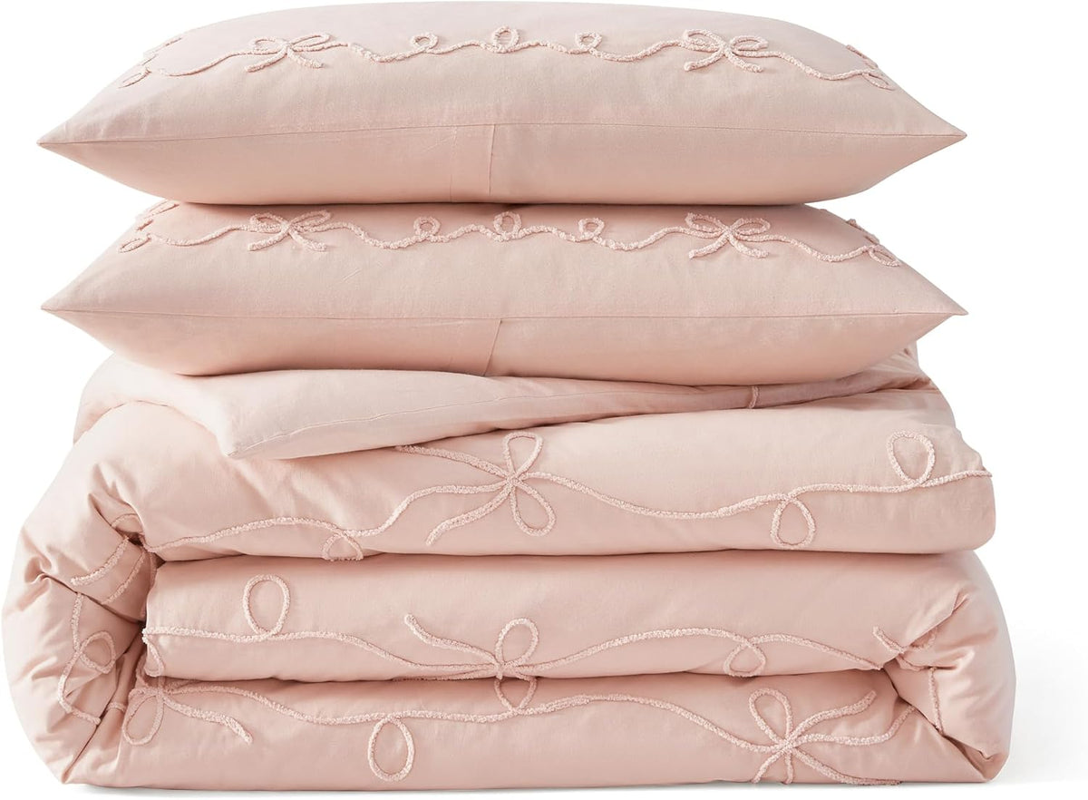 Peri Home Bows Duvet Cover Set 100% Cotton 3-Piece Bedding, King, Blush Pink Sasha Bows