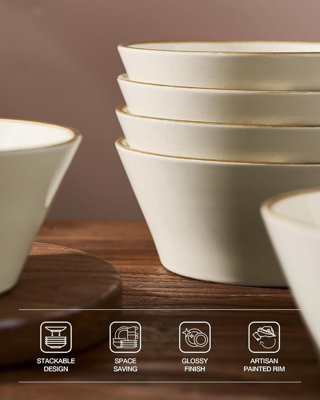 Famiware Saturn Stoneware Dinnerware Sets for 8 (24 Pieces), Ceramic Plates and Bowls Dish Sets with Hand-Painted Trim - Chip & Scratch Resistant, Microwave & Dishwasher Safe Tableware, Vanilla White
