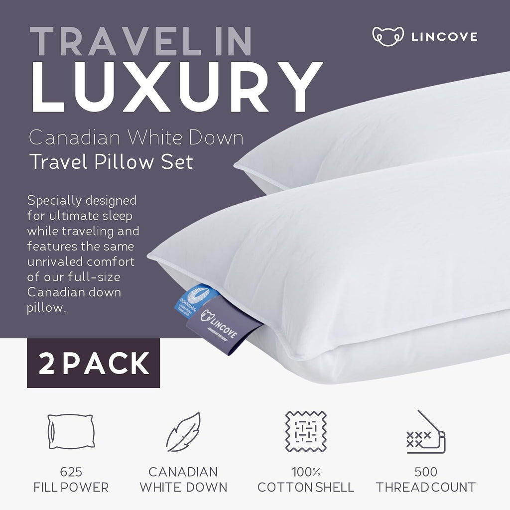 Lincove Canadian Down Feather Travel Pillow Pack of 2 - Luxury Pillows to Support Head, Neck, While Sleeping on Airplanes, Cars, Hotels & Home - Comfortable Vacation Sleeping Essential, 13'x18'