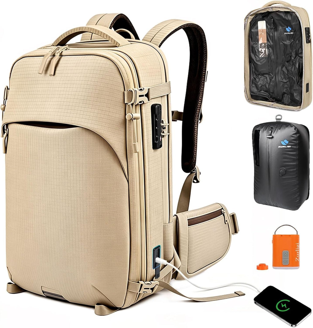 Zurligi Vacuum Seal Travel Backpack with Removable Hip Belt & Vacuum Bag with Pump, Compression Travel Backpack with Vacuum System Expandable 40-60L Carry-On Backpack for Travel Business