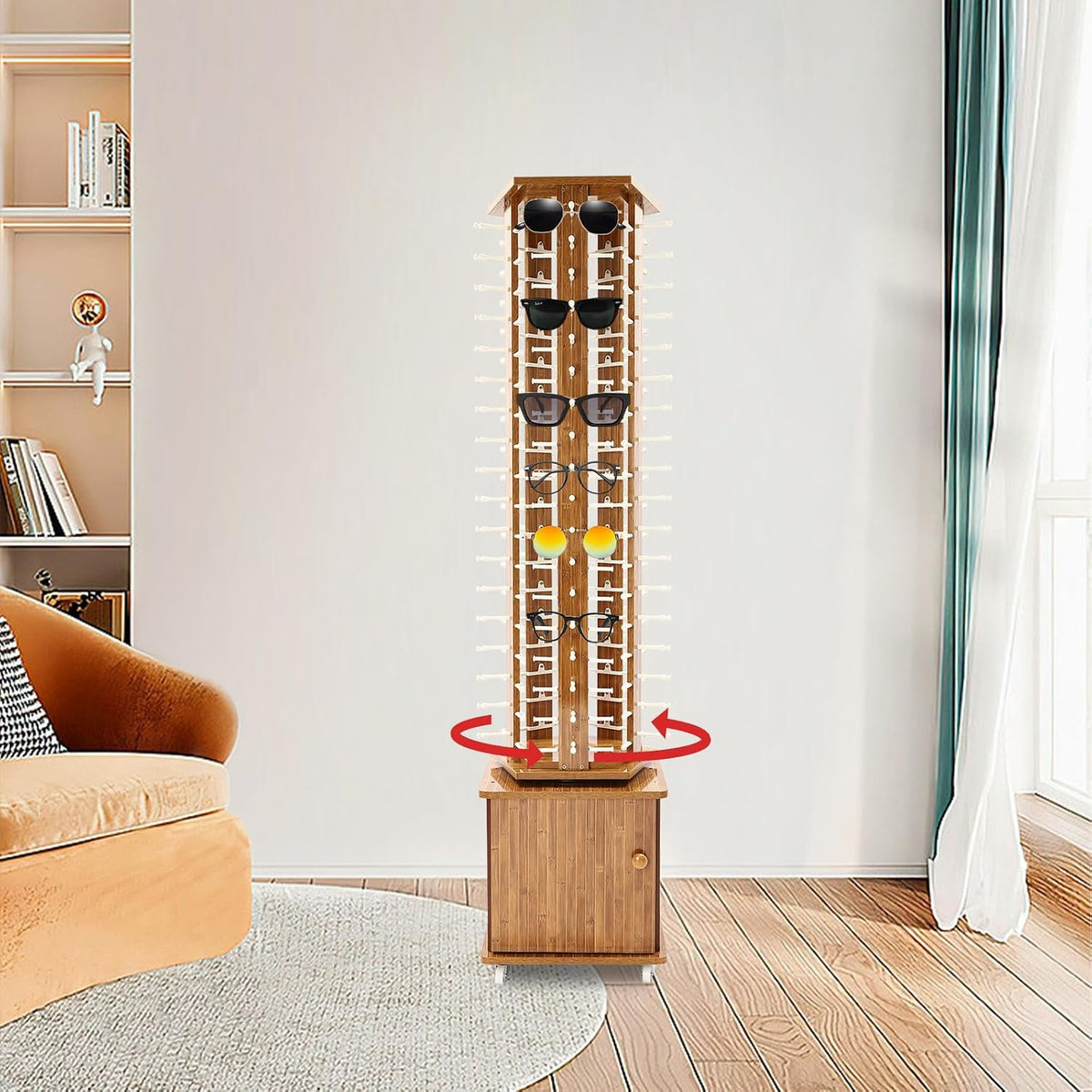 Sunglasses Storage Display Stand with Wheels Glasses Rack Organizer 5-Sided Eyewear Display Rack with Storage Cabinet for Home Retail Stores Shopping Malls, 66.14' (Dark Brown)