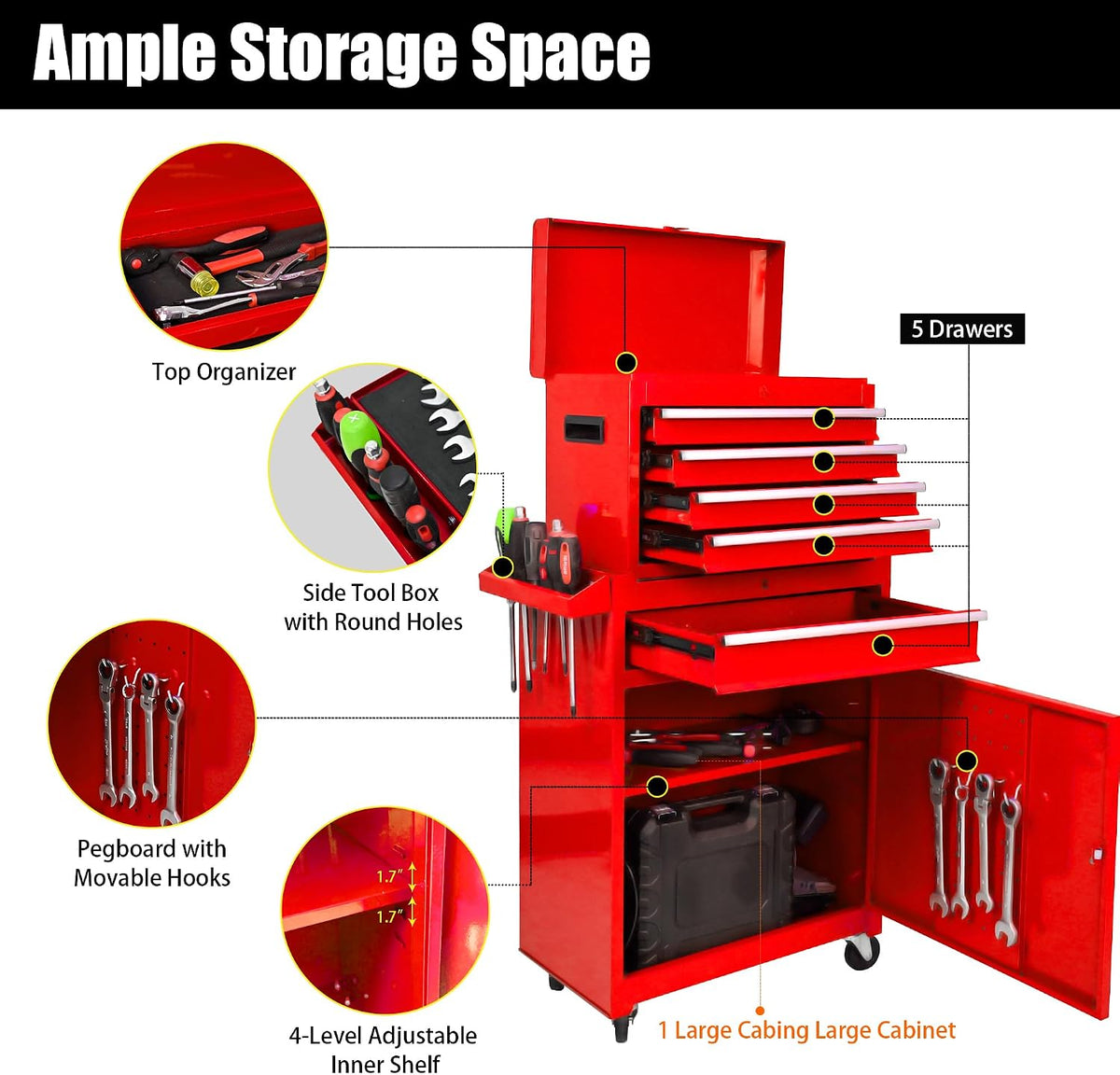 5-Drawer Tool Chest, Rolling Tool Box with Detachable Top Toolbox & Universal Wheels, Tool Cabinet with Lock Bar, Protective Liner & Tool Rack, Metal Storage Cart for Workshop,Garage (Red)
