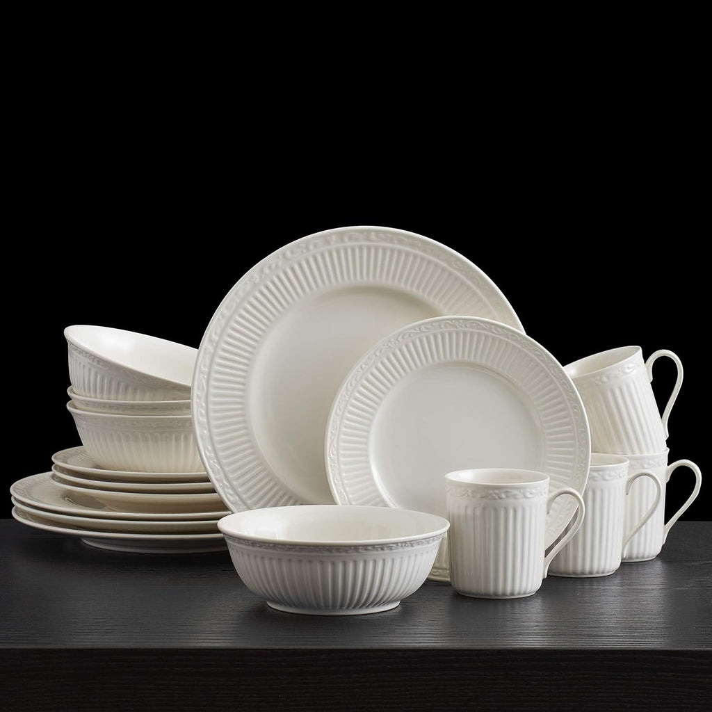 Mikasa Italian Countryside 16-Piece Dinnerware Set - Classic White Porcelain with Fluted Bands, Service for 4 - Dinner Plates, Salad Plates, Bowls, and Mugs, Microwave & Dishwasher Safe
