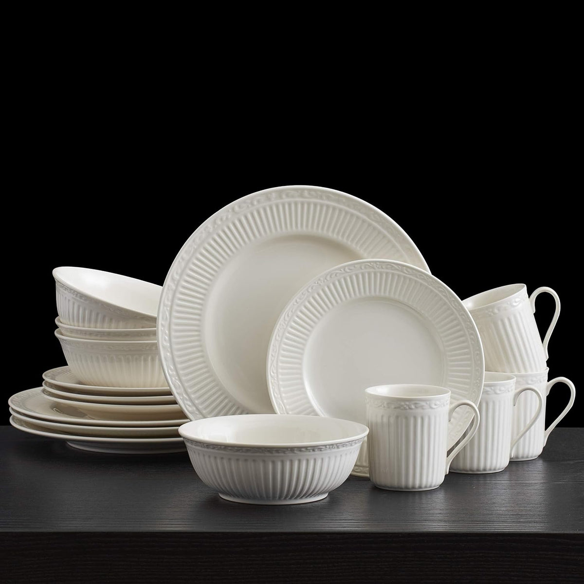 Mikasa Italian Countryside 16-Piece Dinnerware Set - Classic White Porcelain with Fluted Bands, Service for 4 - Dinner Plates, Salad Plates, Bowls, and Mugs, Microwave & Dishwasher Safe