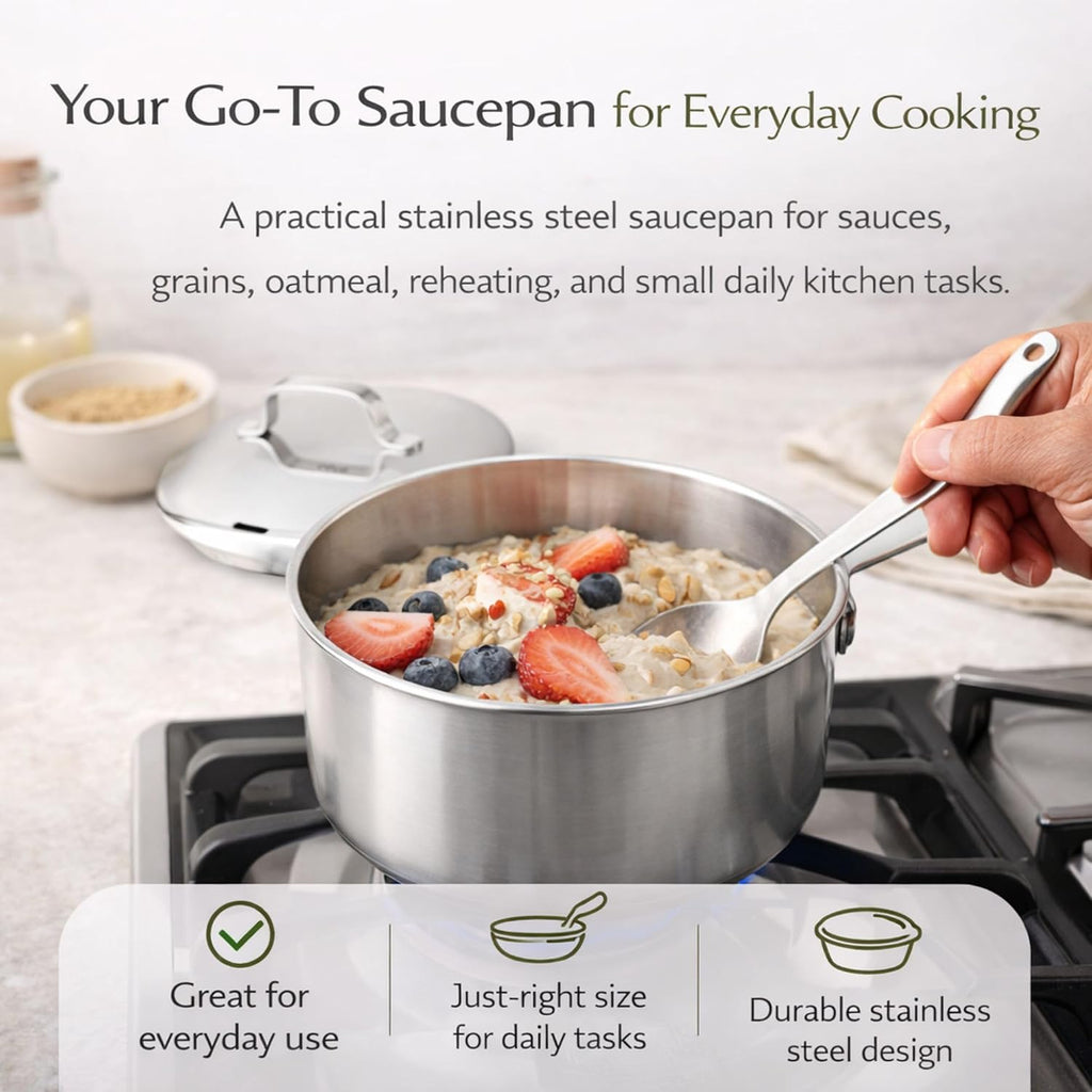 Alva Maestro 1.7 Qt Stainless Steel Saucepan with Lid, Durable Everyday Sauce Pot for Sauces, Grains, Oatmeal & Small-Batch Cooking, Induction Compatible, Oven Safe, Lazered Measurement Marks
