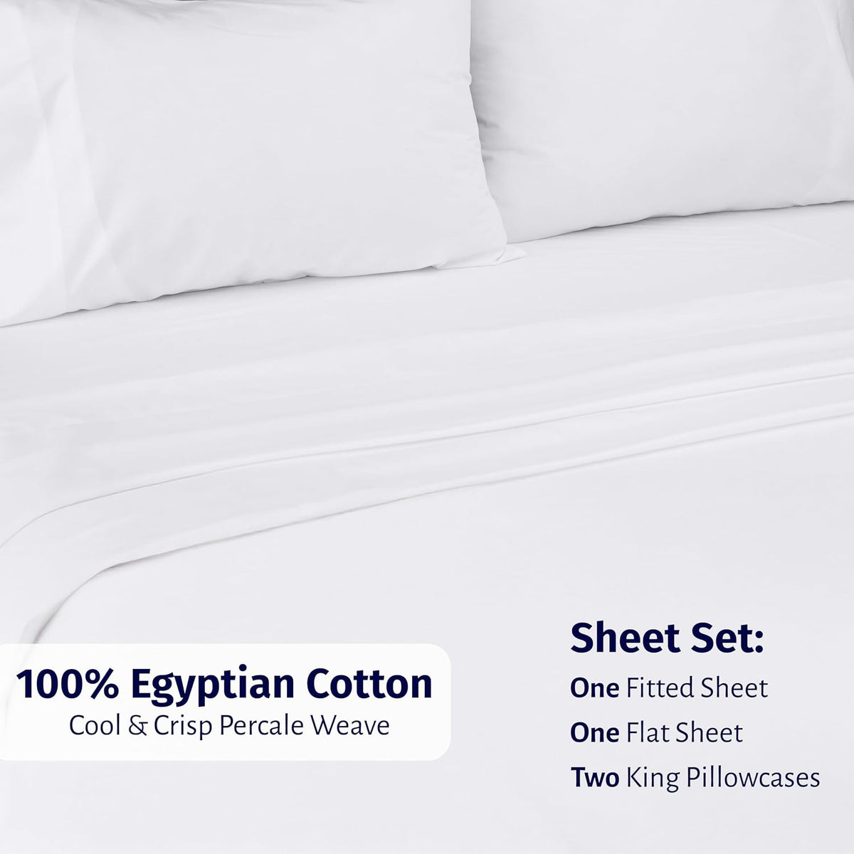 California Design Den Certified 100% Egyptian Cotton Sheets King Size Deep Pocket Set - King Percale Sheet Set with Deep Pockets, Lightweight, Crisp, Durable Luxury Bedding - White