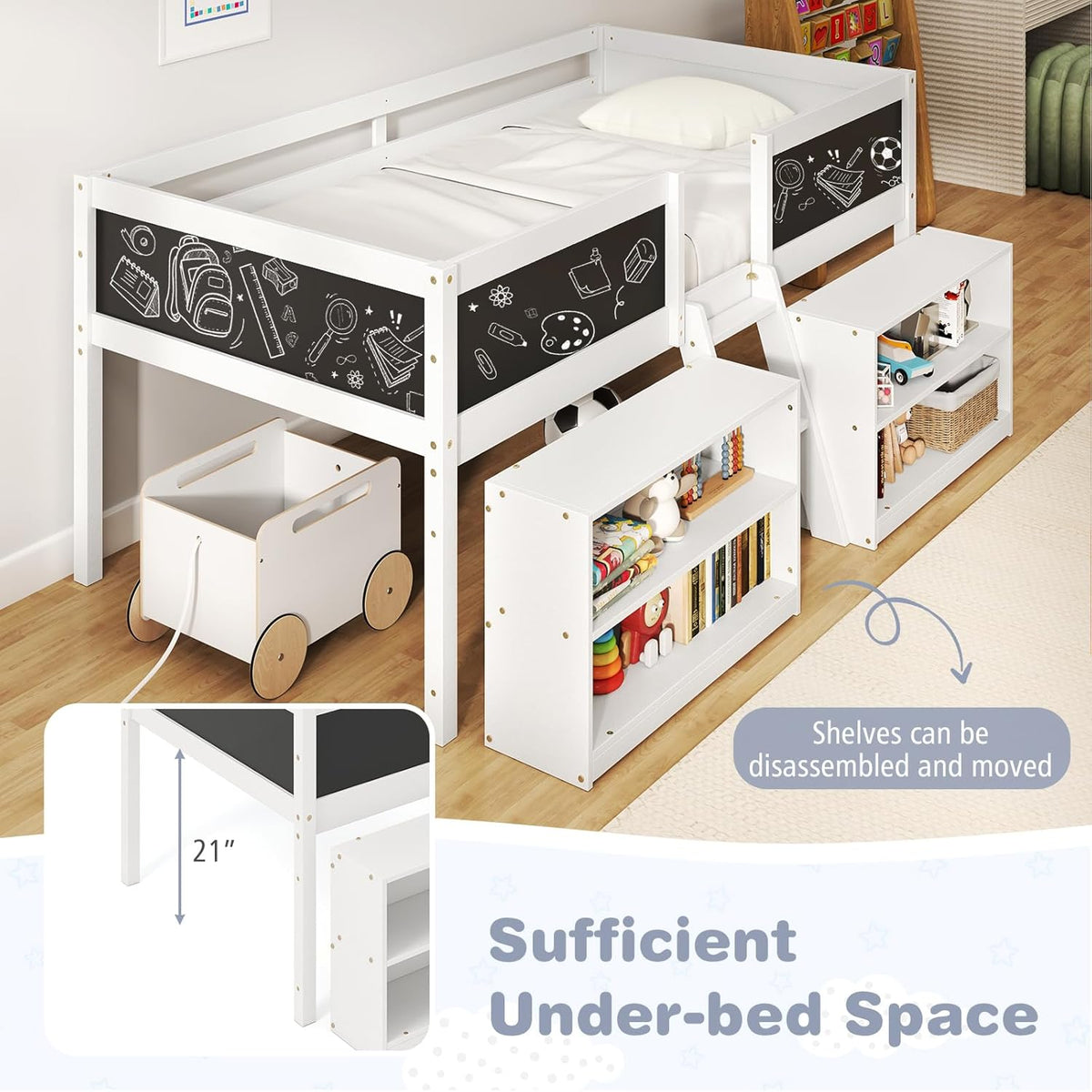 Giantex Low Loft Bed Twin Size, Wooden Loft Bed with Ladder & Blackboard, Twin Bed Frames for Kids with Storage 2 Bookcases and Play Space, White