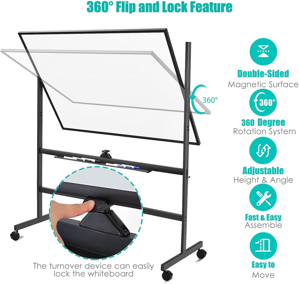 BIBOC 32x48 Inches Large Mobile Dry Erase Whiteboard with Rolling Stand - Double Sided Height Adjustable Whiteboard for Office, School - Aluminum Frame & Durable Writing Surface