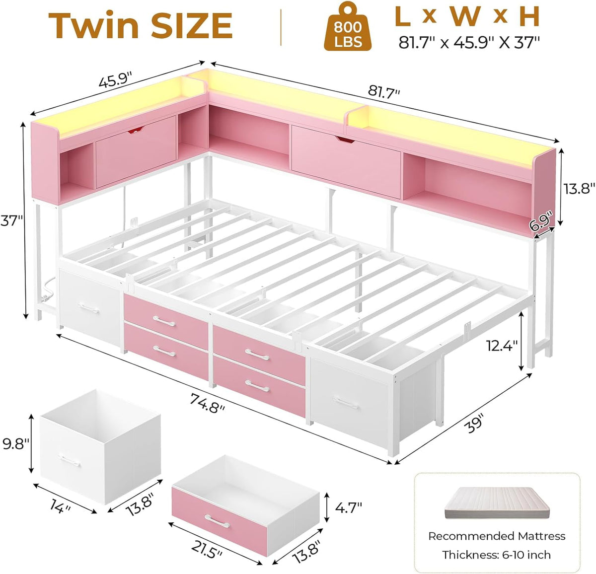 AOGLLATI Twin Corner Bed Frame with Bookcase and Hidden Storage & Metal Platform Twin Size Daybed with 6 Drawers,Charging Station, Led Lights- for Kids, Teens, Pink