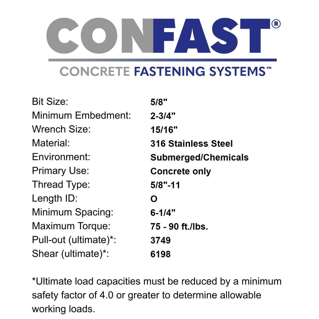 CONFAST 5/8' x 8-1/2' 316 Stainless Steel Wedge Anchor (20 per Box)