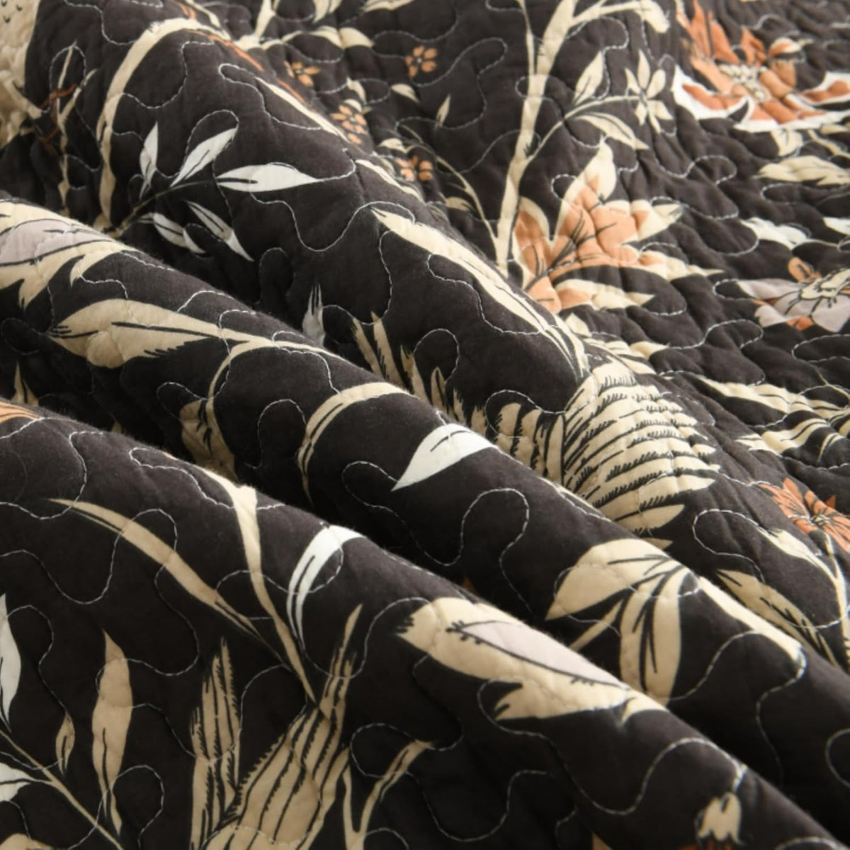 Uniclinens Botanical King Quilt Set, 100% Cotton Quilt Bedding Set Vintage Bird Pattern Bedspreads King Size, Chic Lightweight Quilted Comforter Coverlets, All Season, 3pcs, Dark Chocolate Brown/Beige